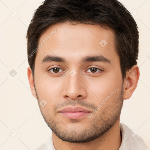 Neutral white young-adult male with short  brown hair and brown eyes