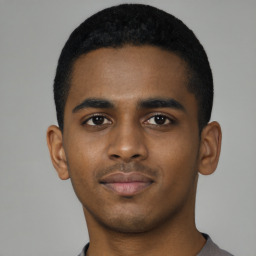 Neutral black young-adult male with short  black hair and brown eyes