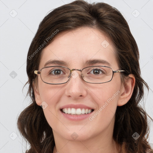 Joyful white young-adult female with medium  brown hair and blue eyes