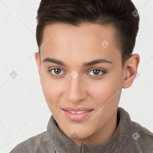 Joyful white young-adult female with short  brown hair and brown eyes