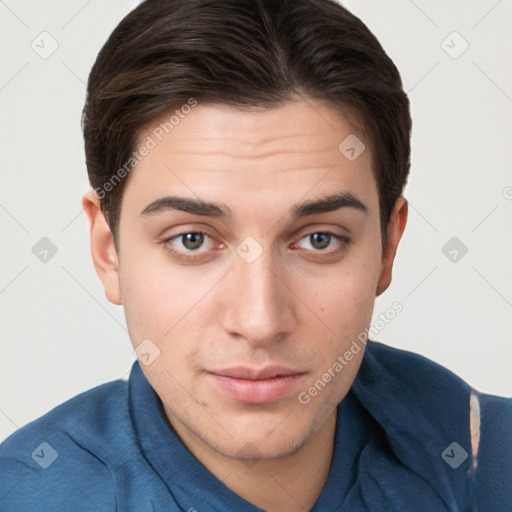 Neutral white young-adult male with short  brown hair and brown eyes