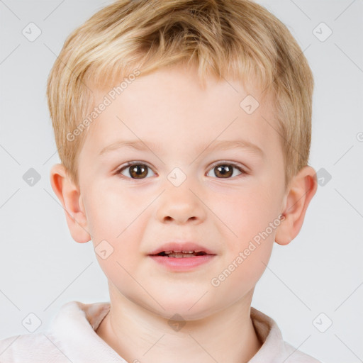 Joyful white child male with short  brown hair and brown eyes