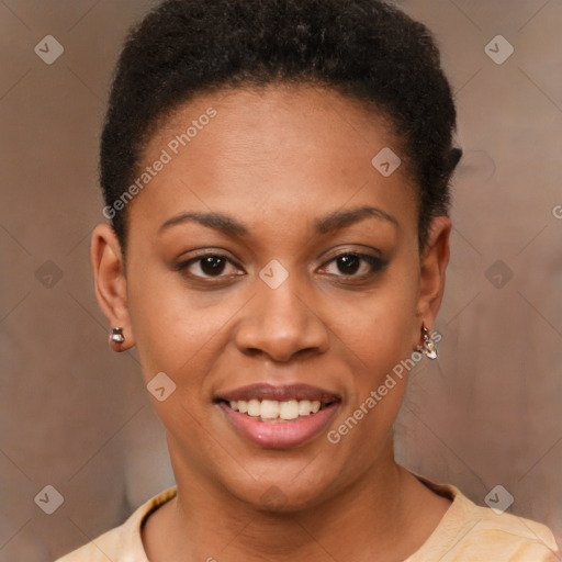 Joyful black young-adult female with short  brown hair and brown eyes