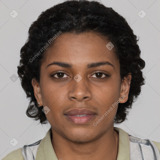 Neutral black young-adult female with short  black hair and brown eyes