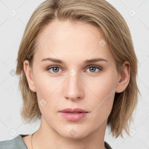 Neutral white young-adult female with medium  brown hair and blue eyes