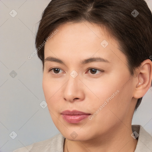 Neutral white young-adult female with short  brown hair and brown eyes