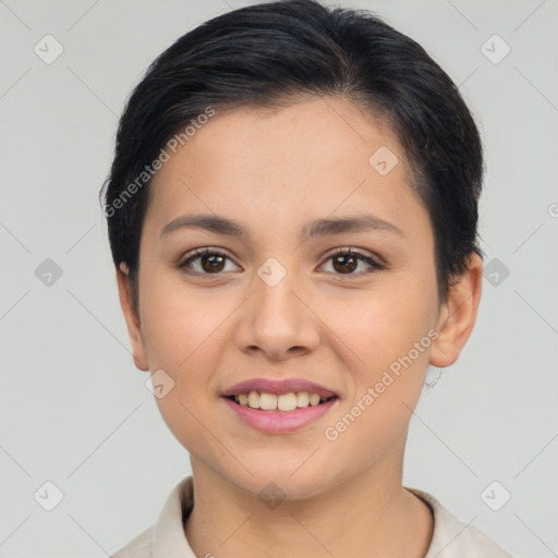 Joyful latino young-adult female with short  brown hair and brown eyes