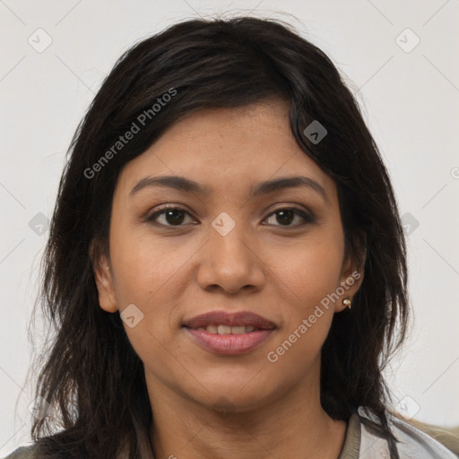 Joyful latino young-adult female with medium  brown hair and brown eyes