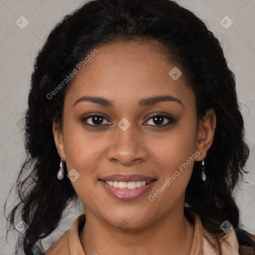 Joyful black young-adult female with long  brown hair and brown eyes