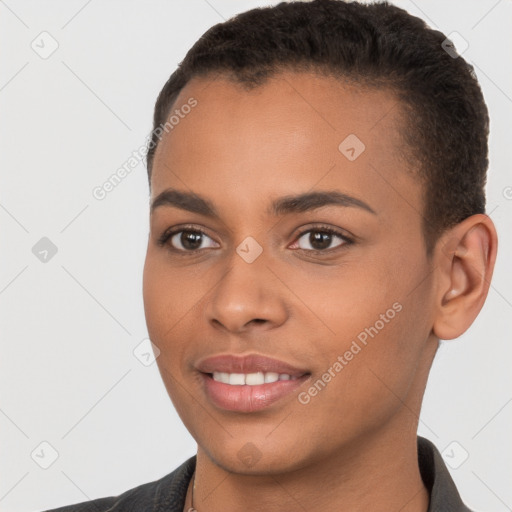 Joyful latino young-adult female with short  brown hair and brown eyes