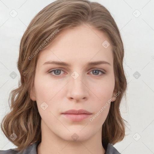 Neutral white young-adult female with medium  brown hair and grey eyes