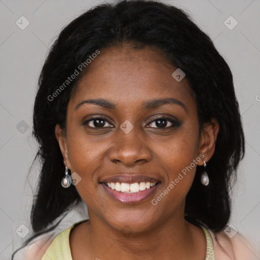 Joyful black young-adult female with medium  black hair and brown eyes