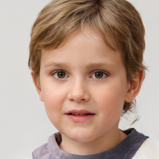 Joyful white child female with short  brown hair and grey eyes