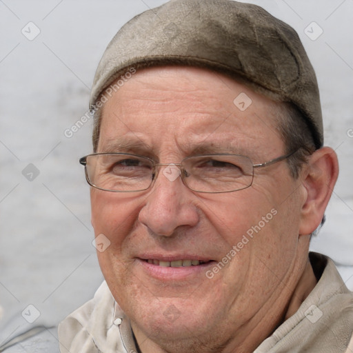 Joyful white middle-aged male with short  brown hair and brown eyes