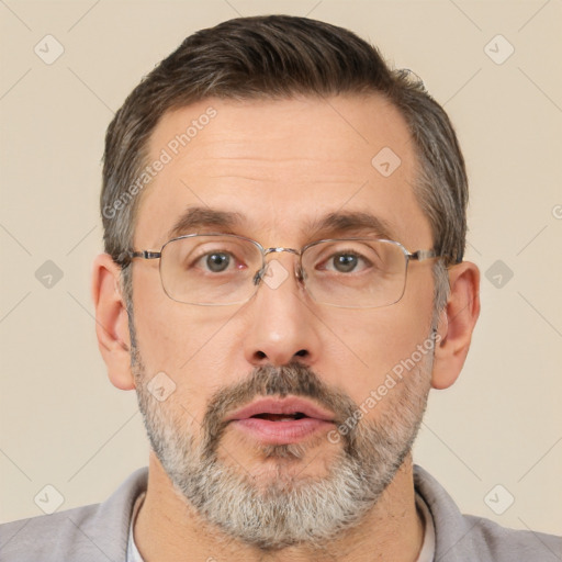 Neutral white adult male with short  brown hair and brown eyes