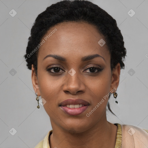 Joyful black young-adult female with short  black hair and brown eyes