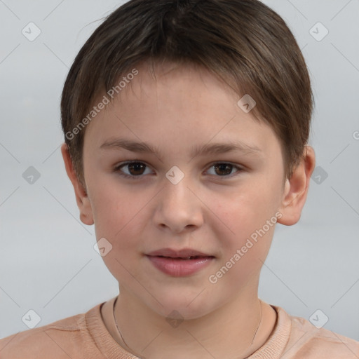 Joyful white child female with short  brown hair and brown eyes