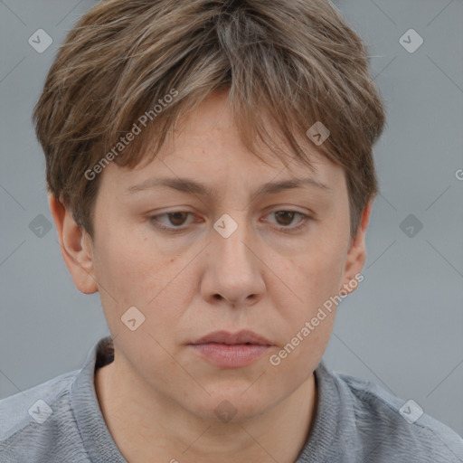 Neutral white young-adult female with short  brown hair and grey eyes