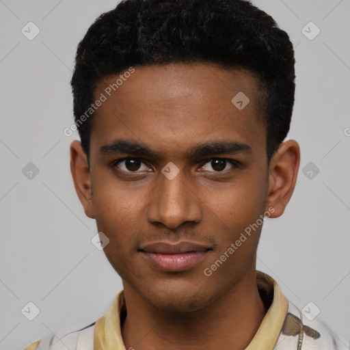 Neutral latino young-adult male with short  black hair and brown eyes