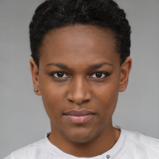 Neutral black young-adult female with short  black hair and brown eyes