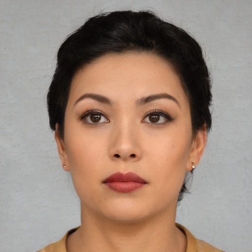 Neutral asian young-adult female with short  black hair and brown eyes