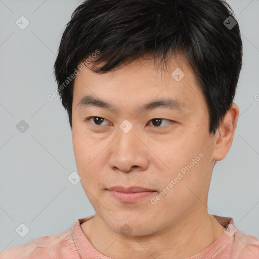 Neutral asian young-adult male with short  brown hair and brown eyes