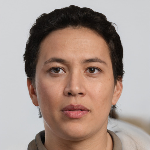 Neutral white adult female with short  brown hair and brown eyes