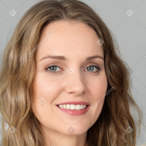 Joyful white young-adult female with long  brown hair and green eyes