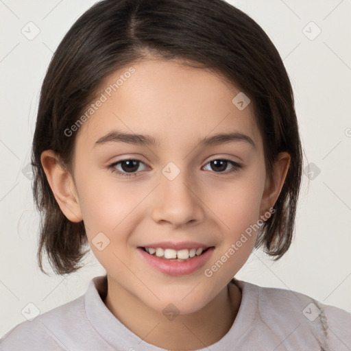 Joyful white child female with medium  brown hair and brown eyes