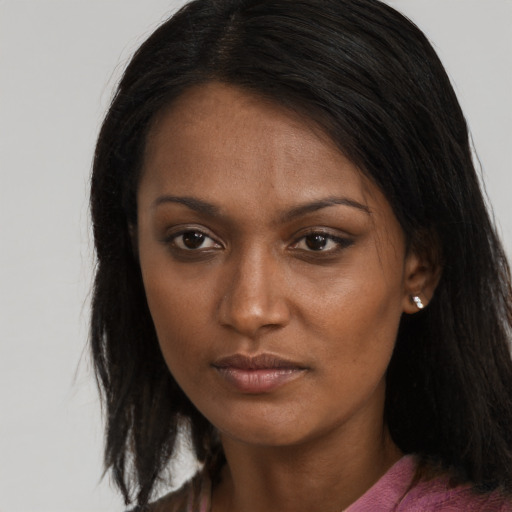 Neutral asian young-adult female with long  brown hair and brown eyes