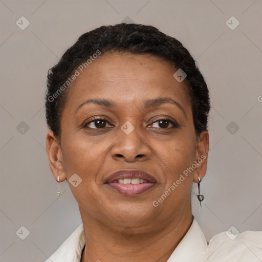 Joyful black adult female with short  brown hair and brown eyes