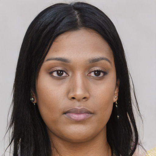 Neutral asian young-adult female with long  black hair and brown eyes