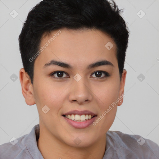 Joyful latino young-adult female with short  brown hair and brown eyes