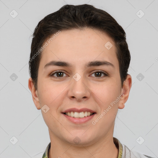 Joyful white young-adult female with short  brown hair and brown eyes