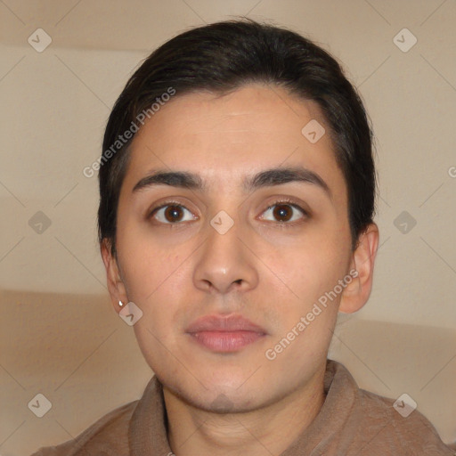 Neutral white young-adult male with short  brown hair and brown eyes