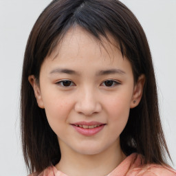 Joyful white child female with medium  brown hair and brown eyes