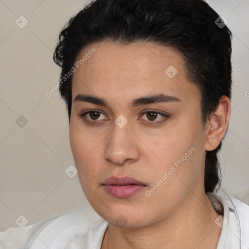 Neutral latino young-adult female with short  black hair and brown eyes