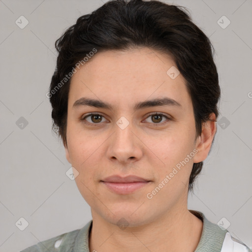 Neutral white young-adult female with medium  brown hair and brown eyes