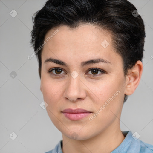 Joyful white young-adult female with short  brown hair and brown eyes