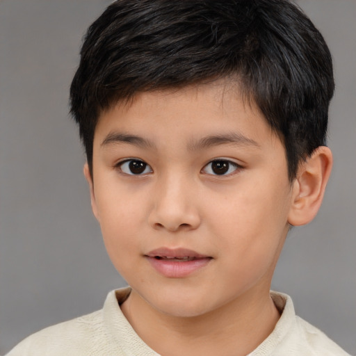 Joyful asian child male with short  brown hair and brown eyes