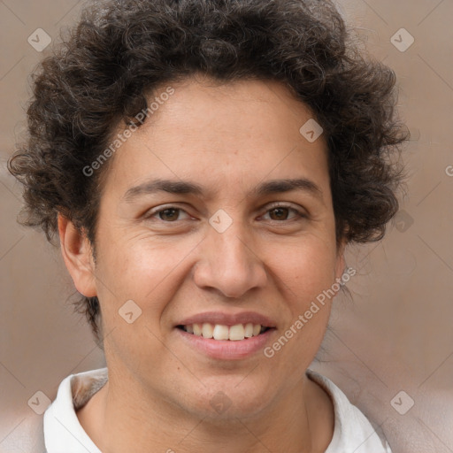 Joyful white adult female with short  brown hair and brown eyes