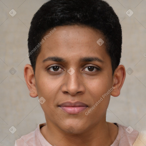 Joyful latino young-adult female with short  brown hair and brown eyes