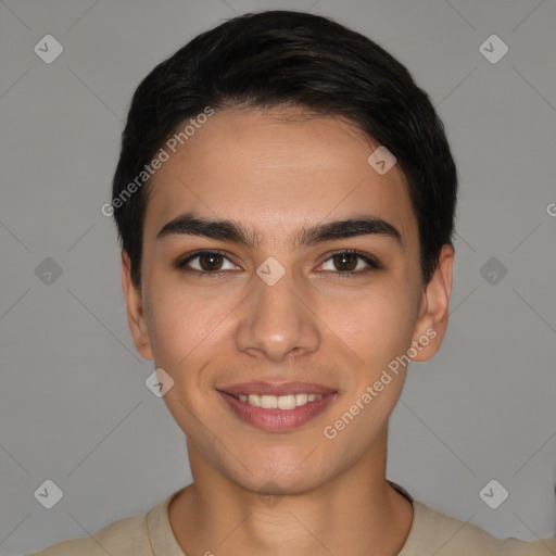 Joyful white young-adult male with short  black hair and brown eyes