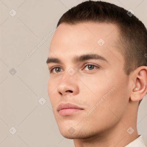 Neutral white young-adult male with short  brown hair and brown eyes