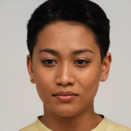 Neutral asian young-adult female with short  black hair and brown eyes