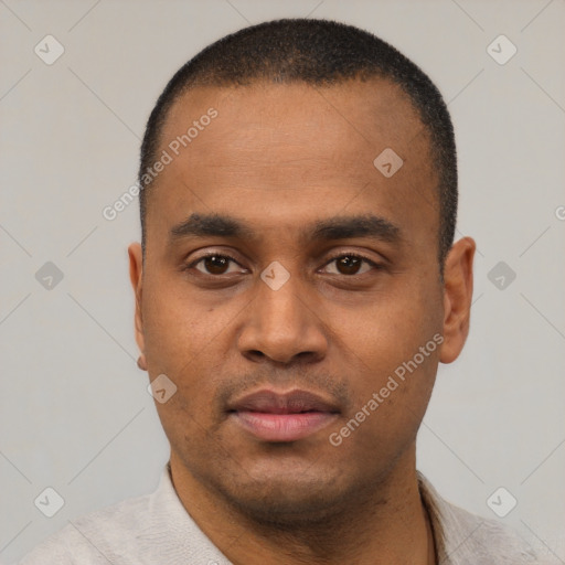 Neutral black young-adult male with short  black hair and brown eyes