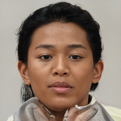 Neutral asian young-adult female with short  brown hair and brown eyes
