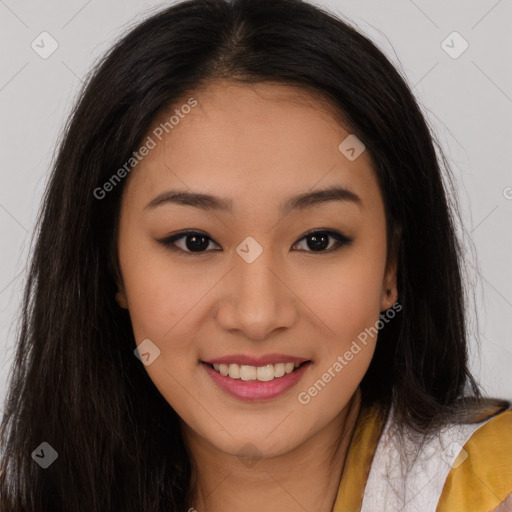 Joyful latino young-adult female with long  brown hair and brown eyes