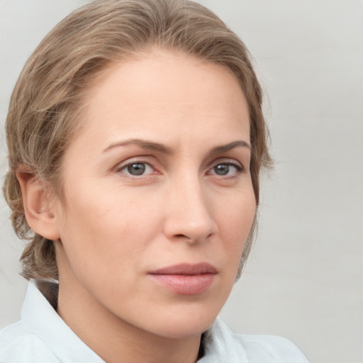 Neutral white young-adult female with medium  brown hair and grey eyes