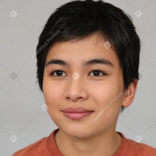 Joyful asian young-adult female with short  black hair and brown eyes